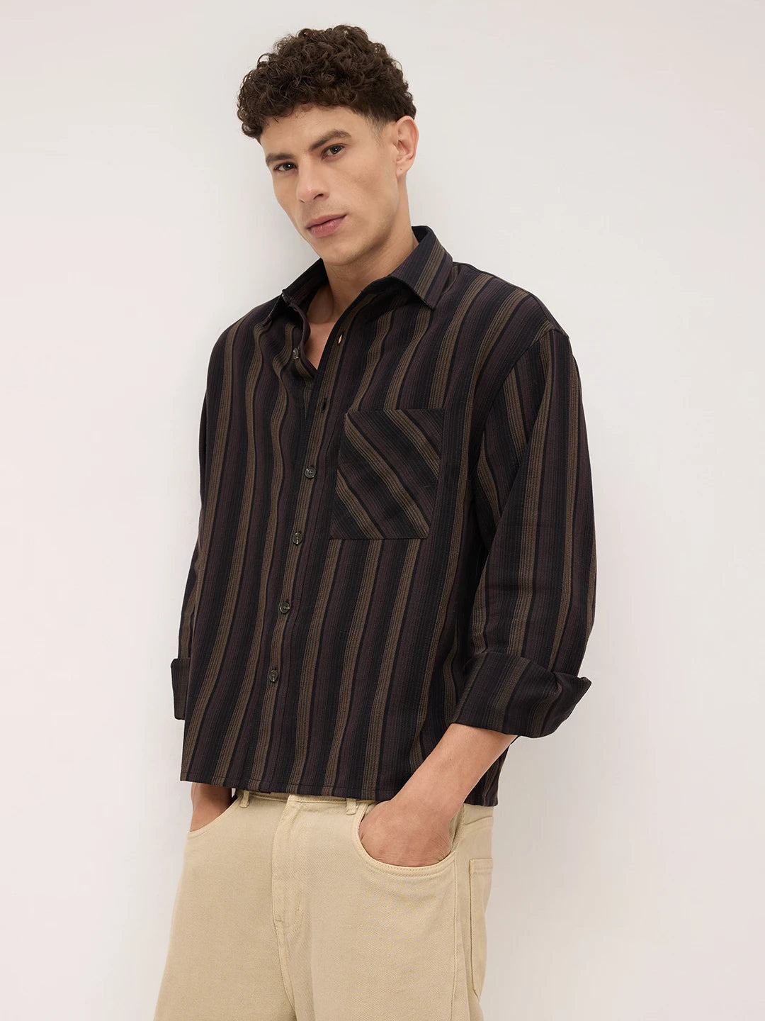 Twilight Brown Multi-Striped Boxy Fit Crop Shirt