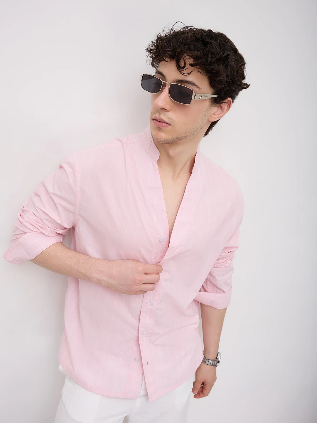 Baby Pink Pinstripe Stand Collar Oversized Shirt