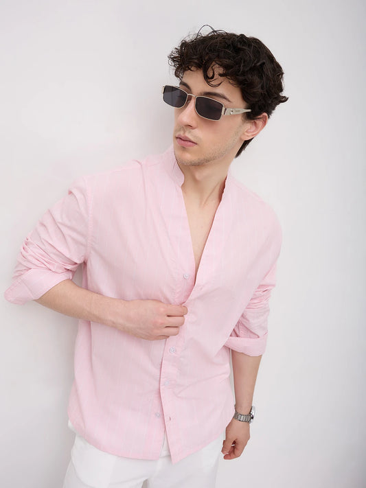 Baby Pink Pinstripe Stand Collar Oversized Shirt