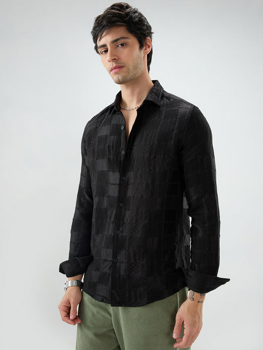 Jet Black Block Checks Motif Embossed Textured Shirt