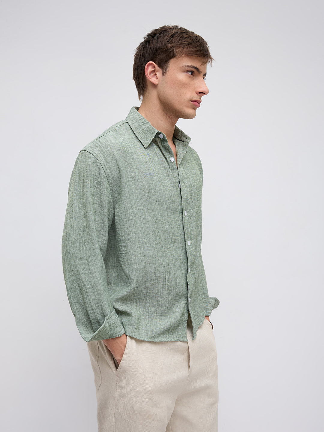 Mint Green Textured Boxy Fit Crop Shirt