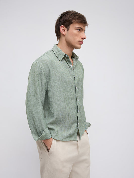 Mint Green Textured Boxy Fit Crop Shirt