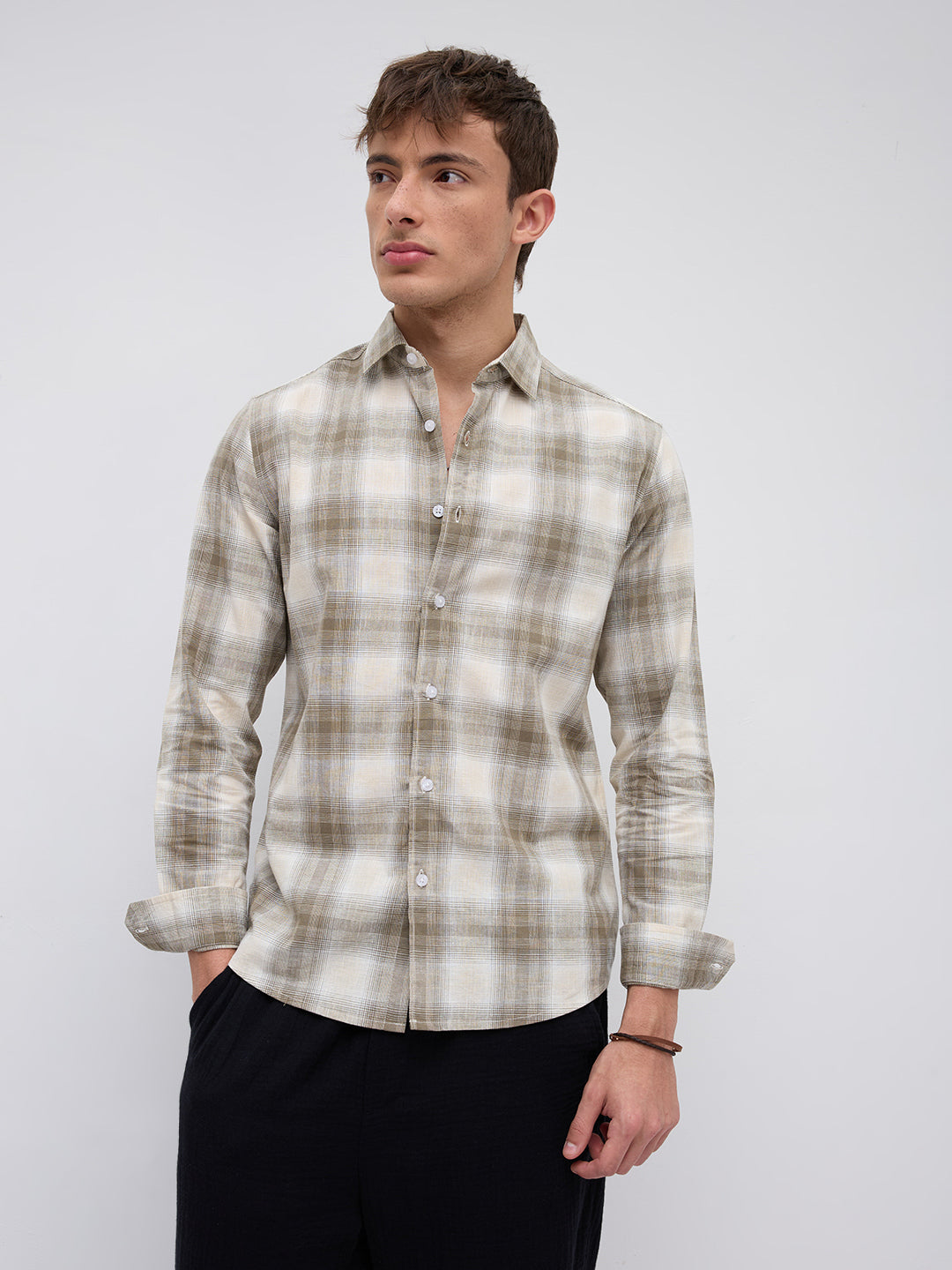 Premium Saddle Brown & White Plaid Linen Blend Checks Shirt