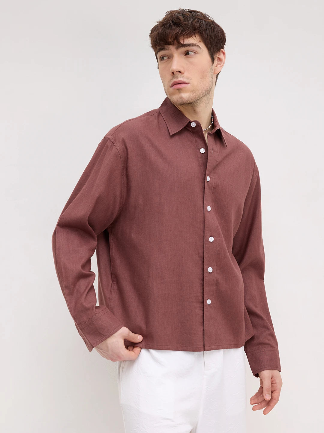 Brown Fine Textured Boxy Fit Crop Shirt