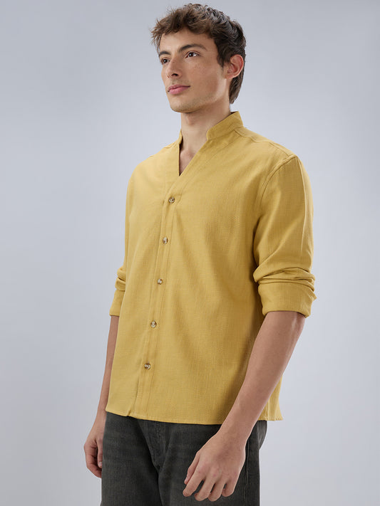 Soft Honey Yellow Diagonal Textured Stand Collar Oversized Shirt