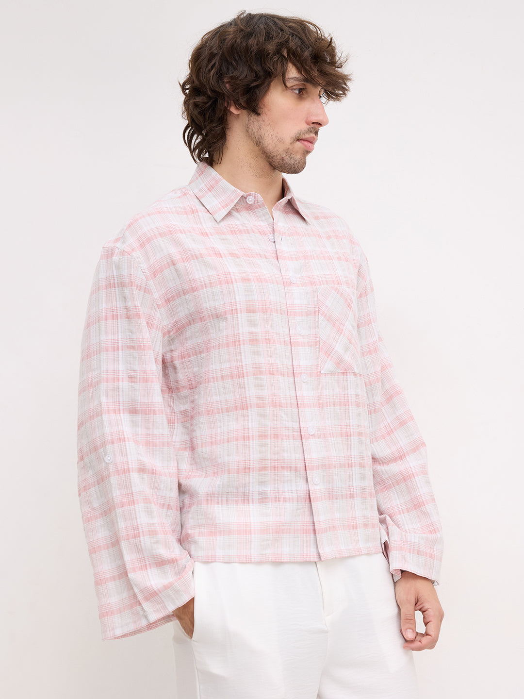 Peachy Pink & Grey Plaid Checks Oversized Cuffless Crop Shirt