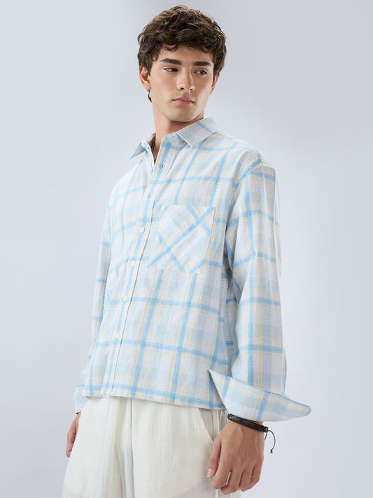 Premium Summer Sky Fine Weave Linen Blend Boxy Fit Crop Shirt