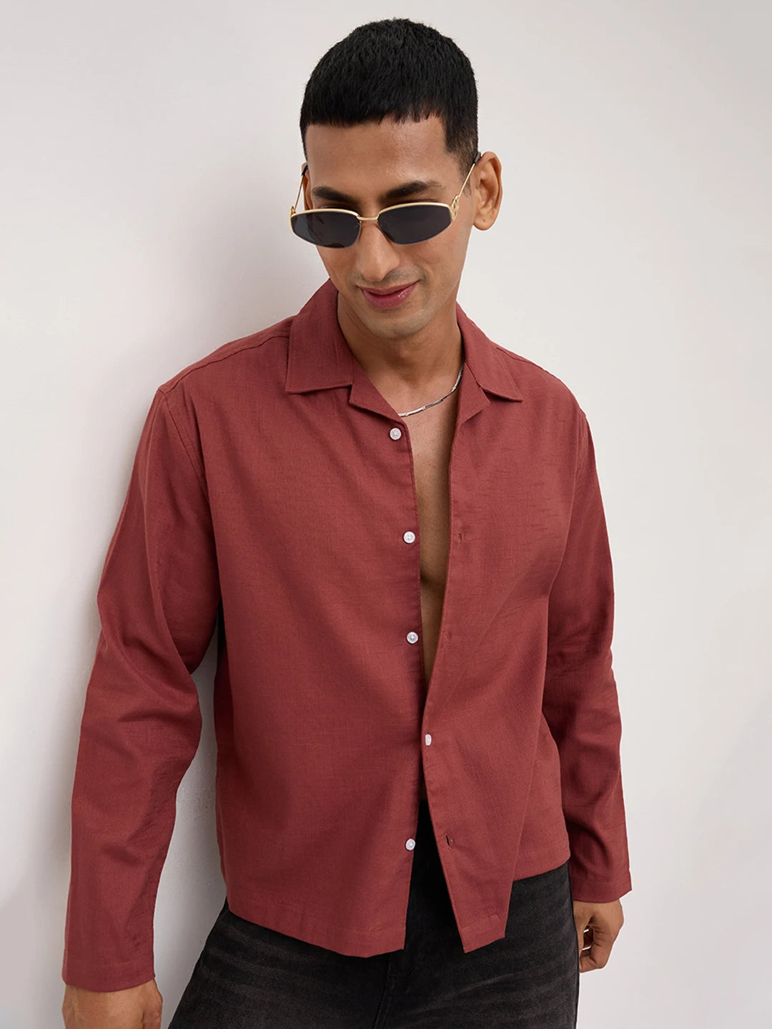 Rust Fine Sheer Slub Textured Oversized Resort Collar Shirt