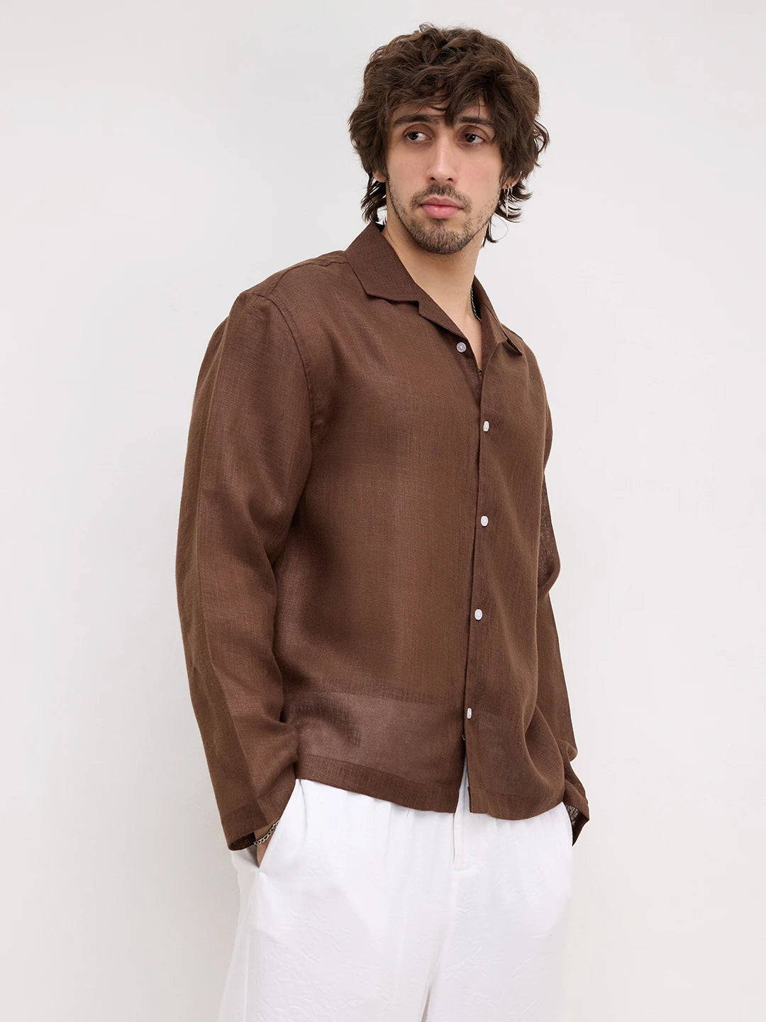 Coffee Brown Fine Textured Notch Collar Oversized Shirt