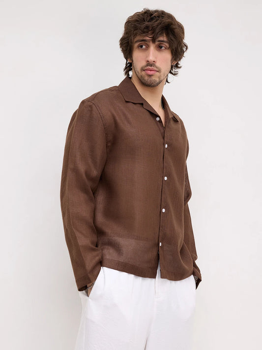 Coffee Brown Fine Textured Notch Collar Oversized Shirt
