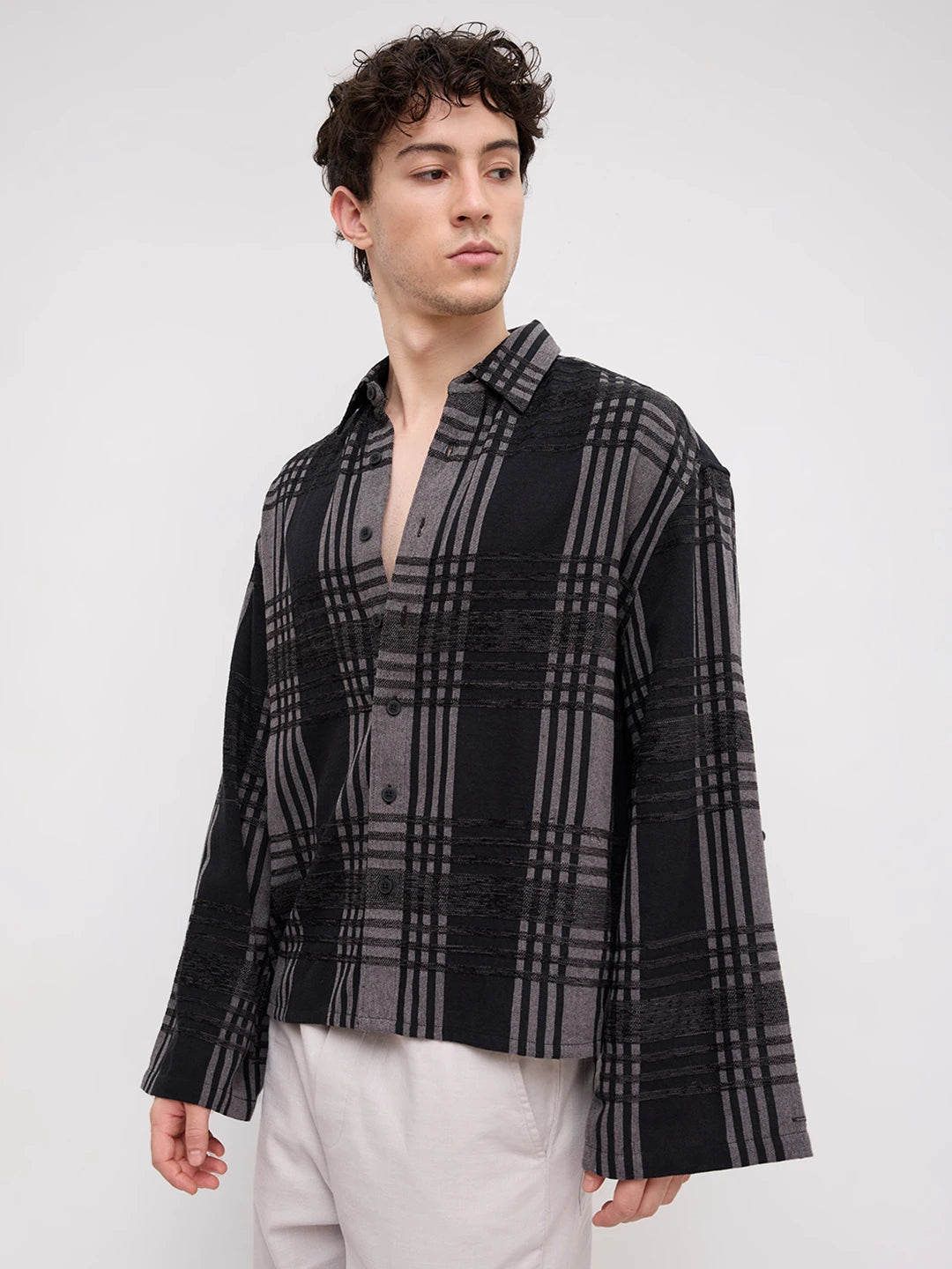 Grey & Black Raised Plaid Checks Cuffless Oversized Crop Shirt