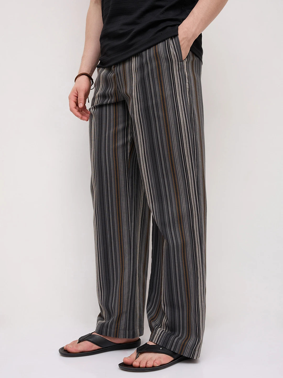 Graphite Grey Multi- Striped Wide Leg Trousers
