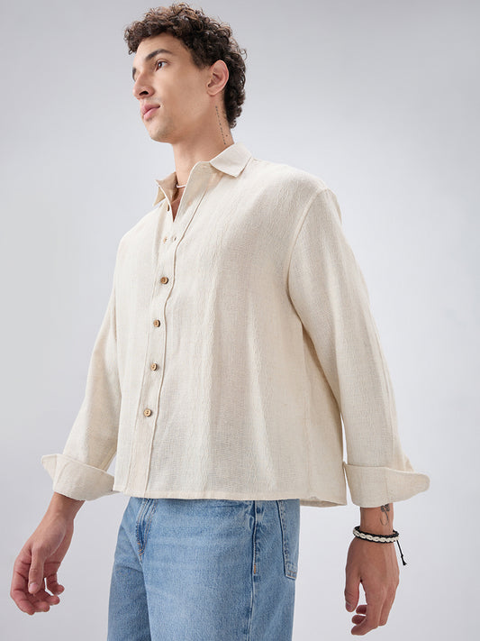 Raw Linen Blend Micro Weave Lozenge Textured Boxy Fit Crop Shirt