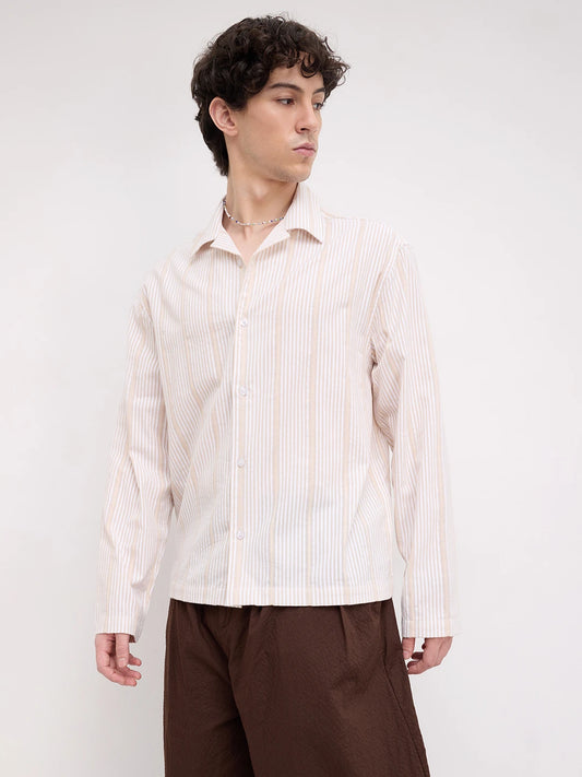 Luxe Beige Candy Striped Notch Collar Oversized Shirt