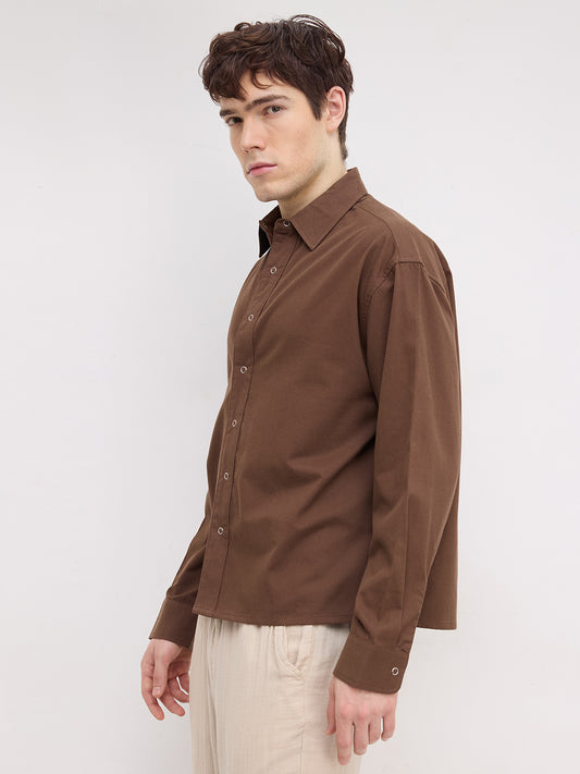 Luxe Chocolate Brown Cord Boxy Fit Crop Shirt