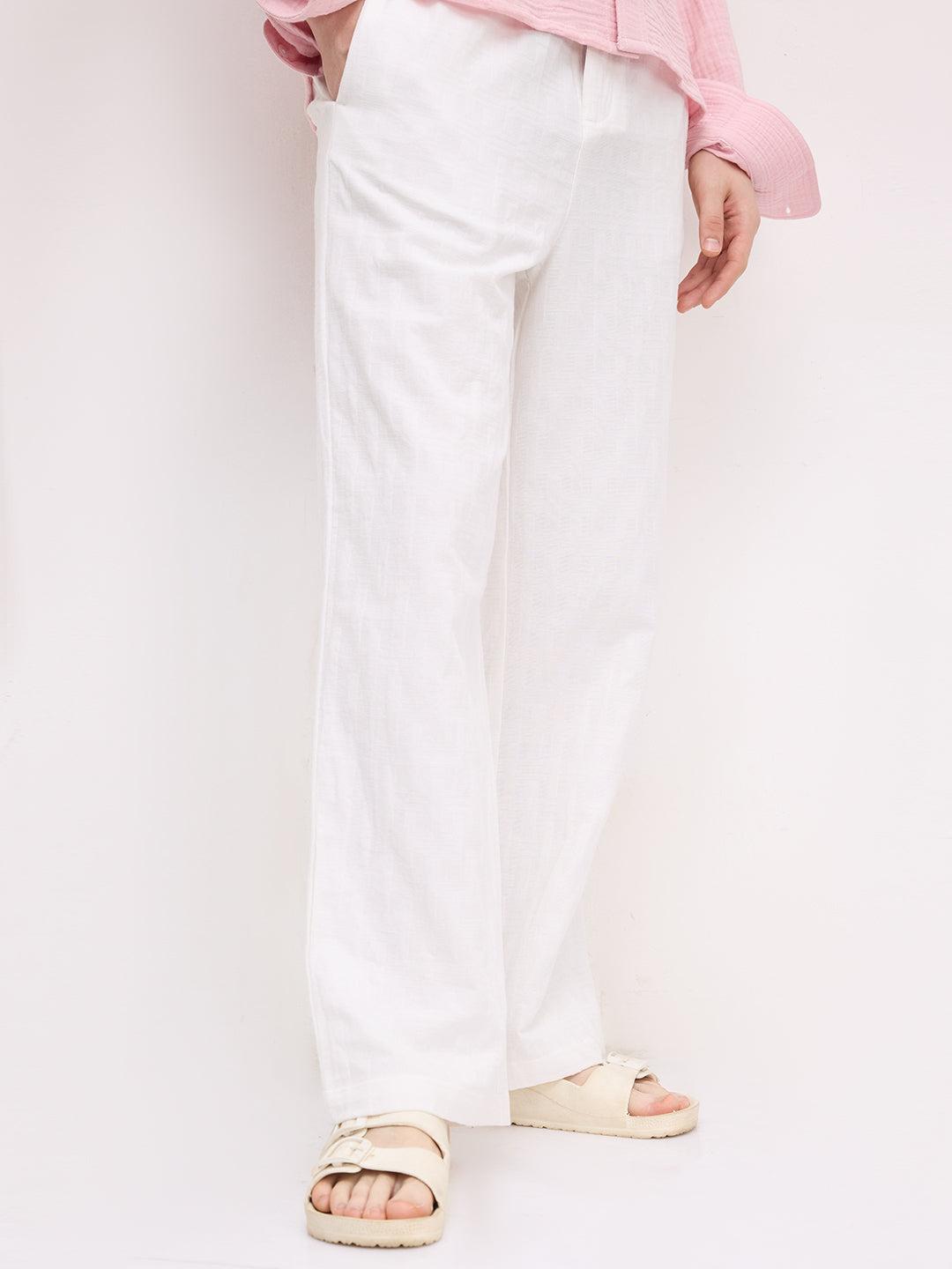 Distinctive Pearl White Architectural Weave Wide Leg Trousers