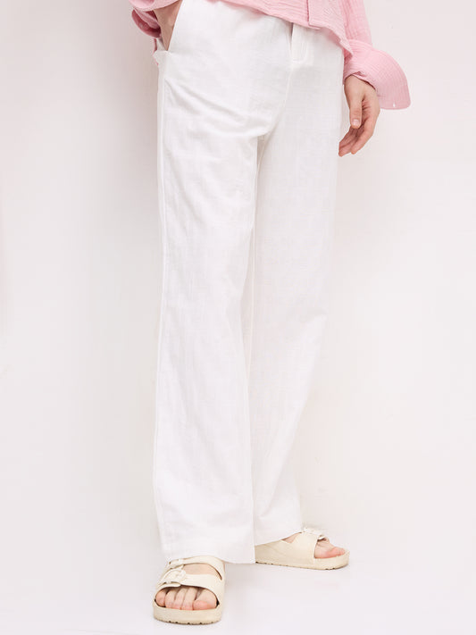 Distinctive Pearl White Architectural Weave Wide Leg Trousers