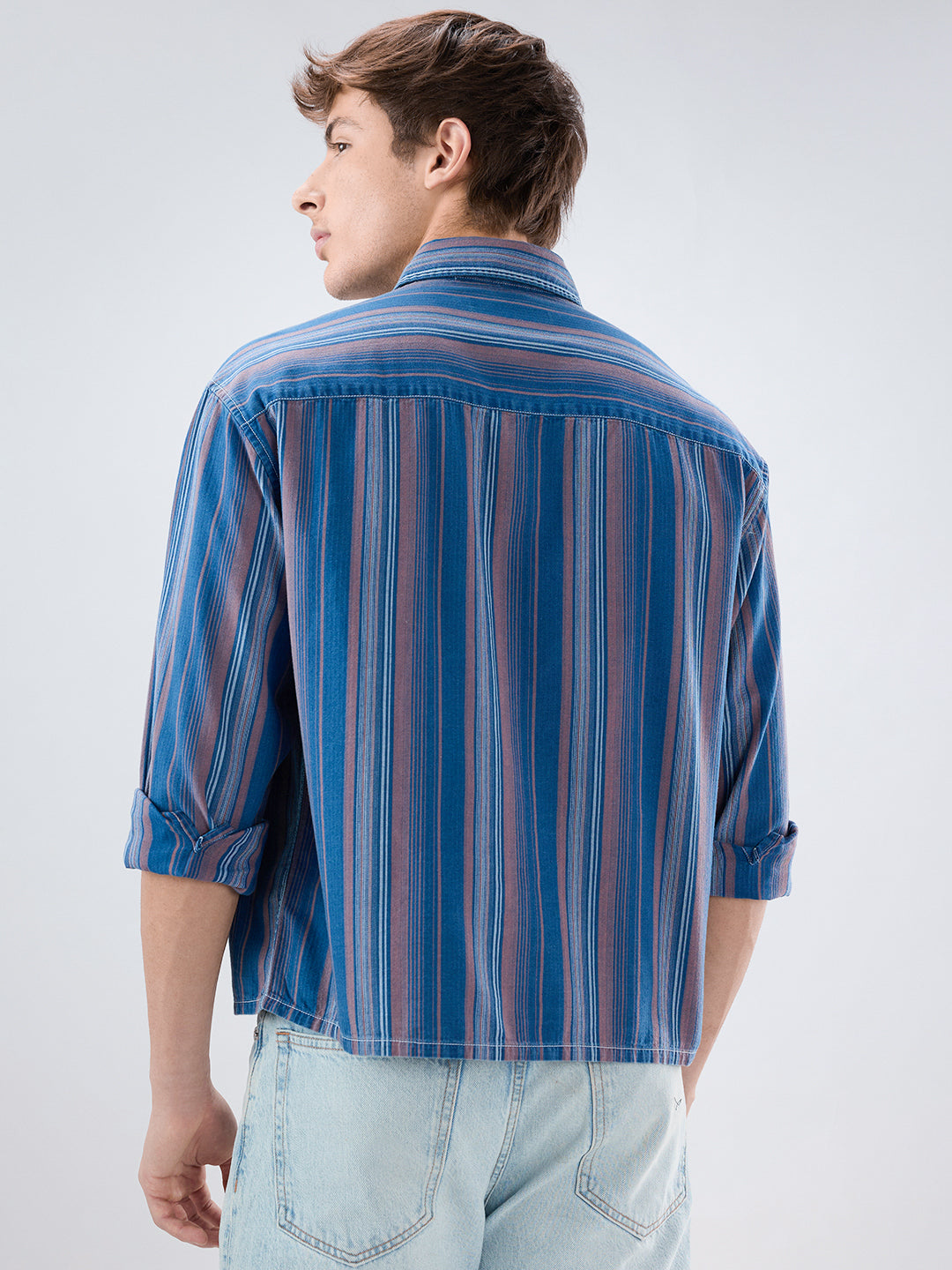 Premium Denim Coastal Blue Multi-Stripe Boxy Fit Crop Shirt