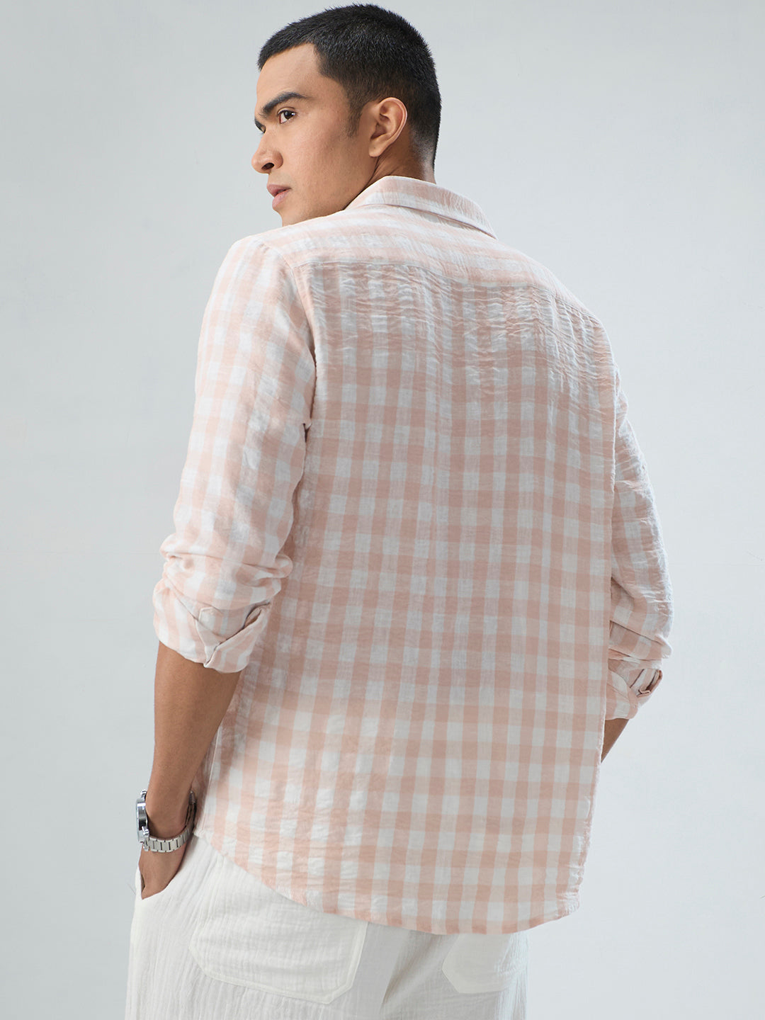 Soft Pastel Peach Box Checks Crinkled Shirt