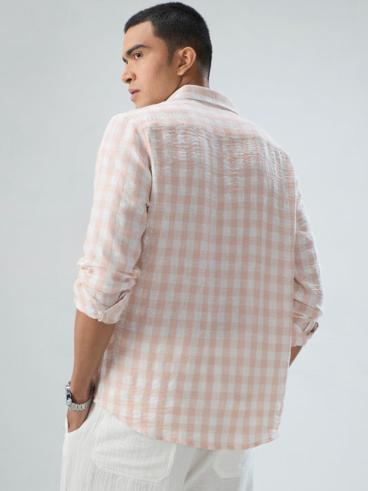 Soft Pastel Peach Box Checks Crinkled Shirt