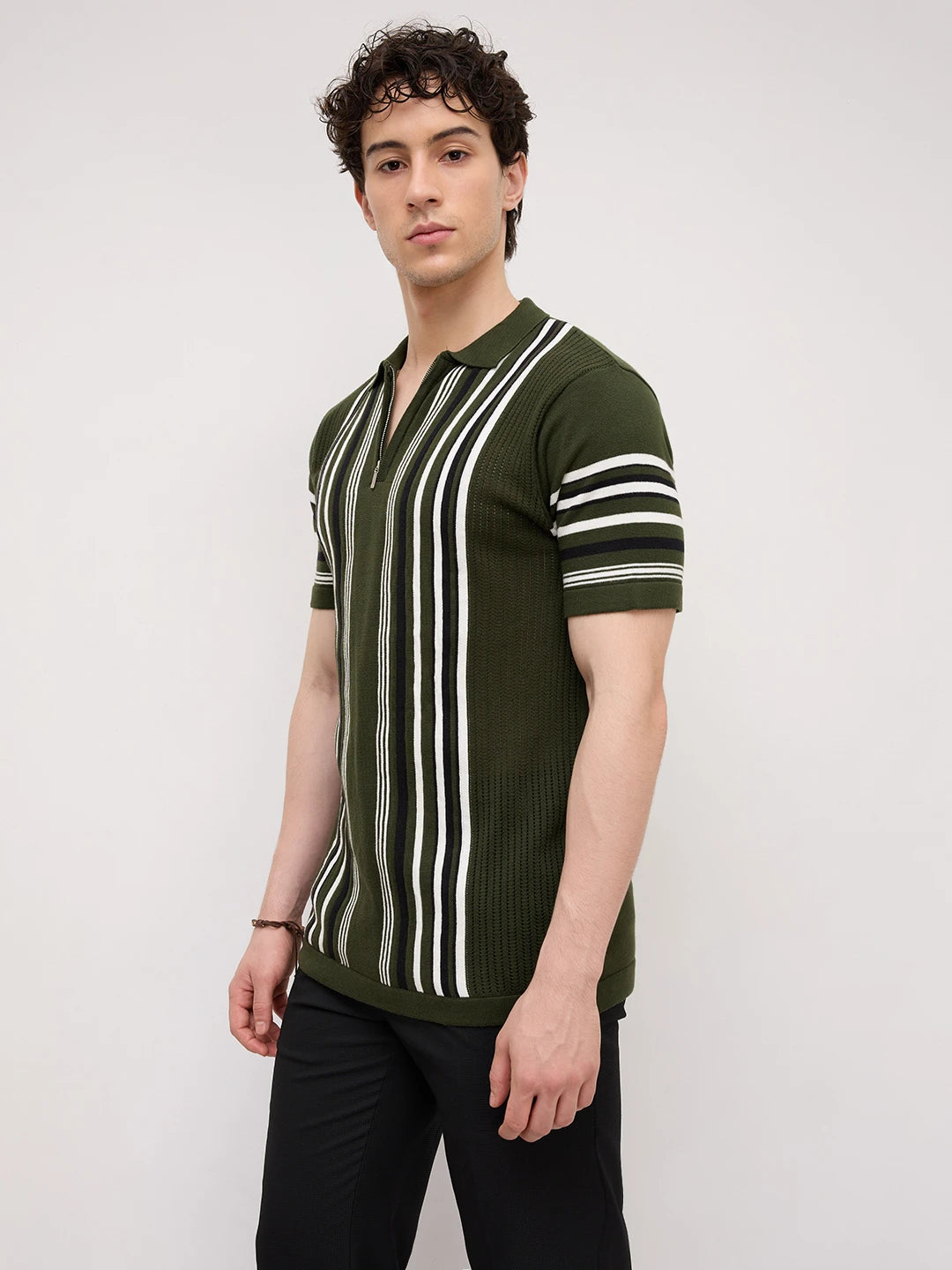 Deep Olive Vertical Striped Flat Knit Zip Polo T-Shirt