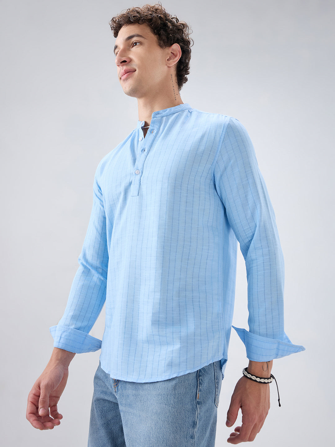 Baby Blue Ladder Striped Subtle Textured Kurta