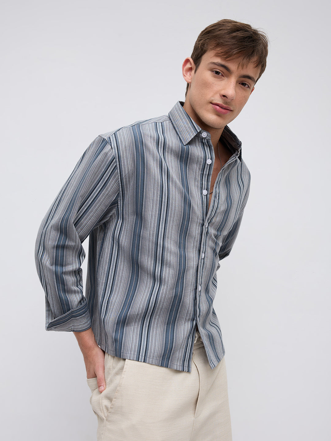 Slate Blue Multi Striped Boxy Fit Crop Shirt