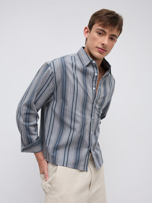 Slate Blue Multi Striped Boxy Fit Crop Shirt