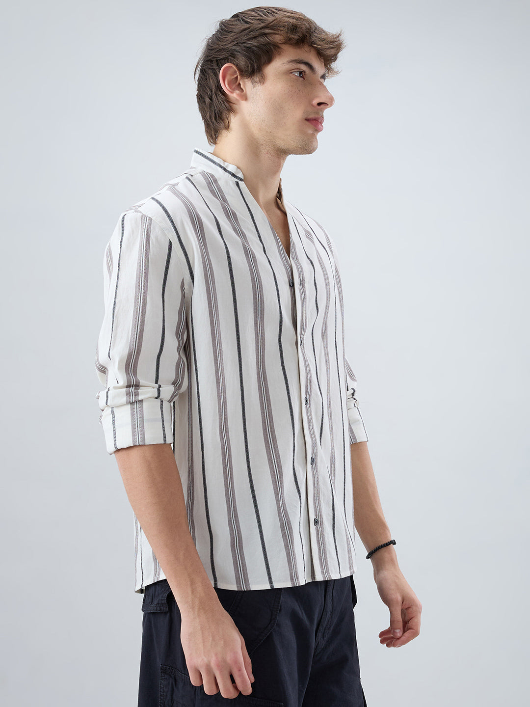 White Intricate Motif Contrast Striped Stand Collar Oversized Shirt