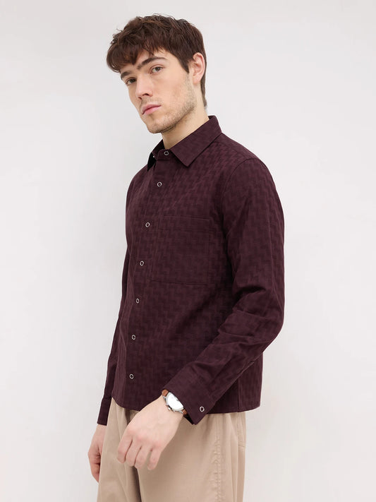 Rich Wine Maze Textured Straight Hem Crop Shirt