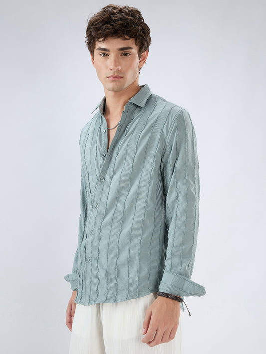 Sage Green Frayed Panelled Waffle Textured Shirt