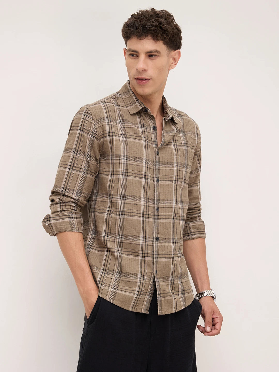 Spiffy Olive & Black Tartan Checks Shirt