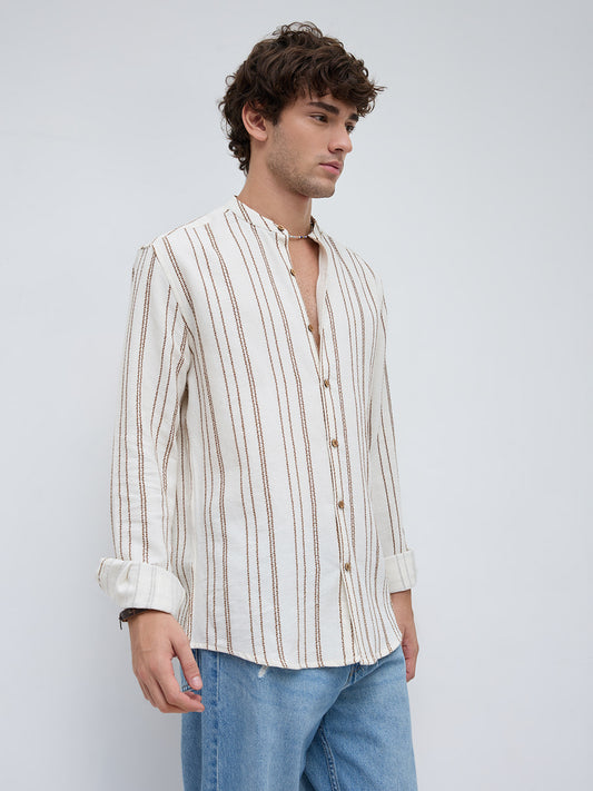 Off White & Brown Embroidered Striped Mandarin Shirt