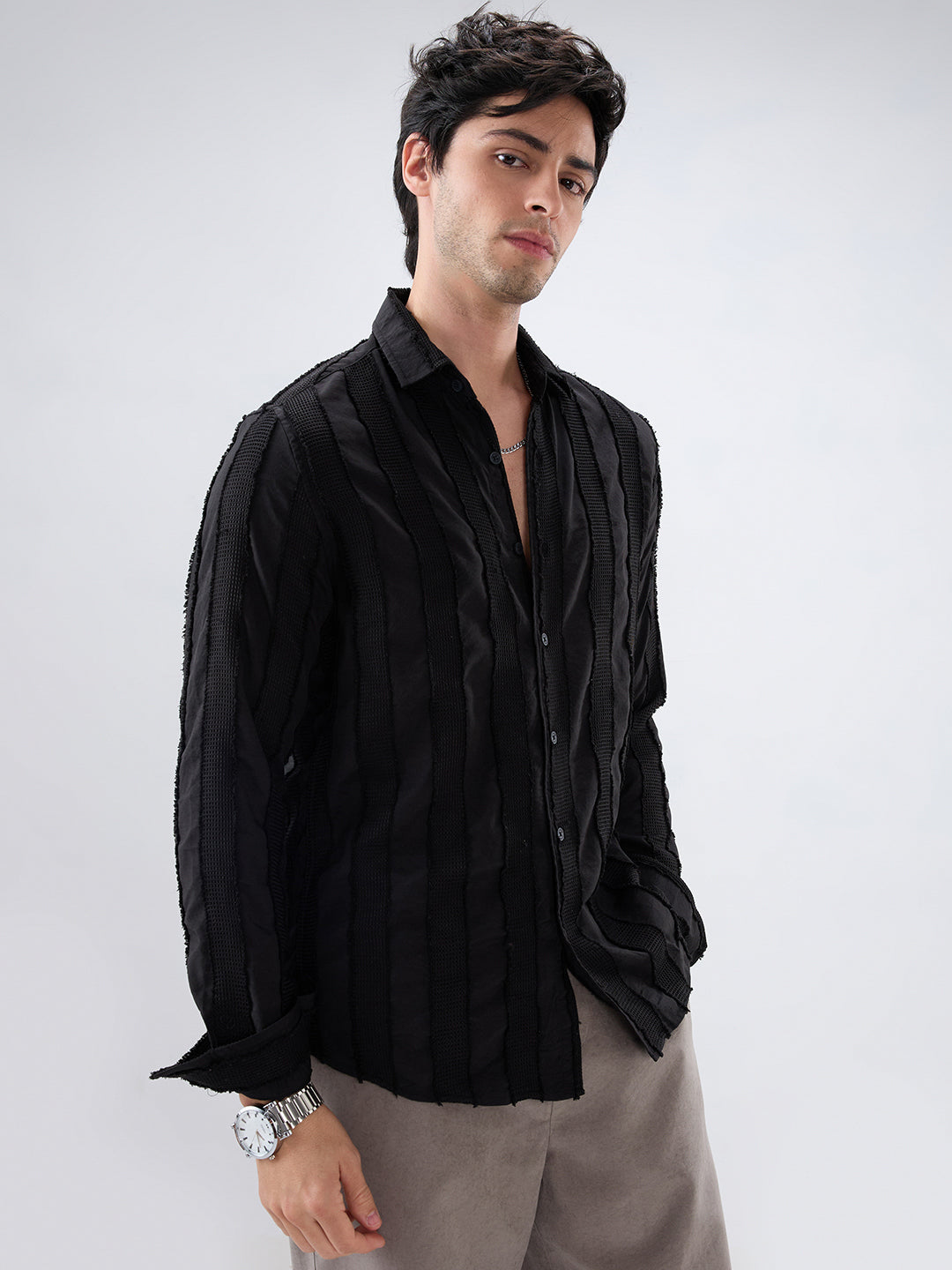 Jet Black Frayed Panelled Waffle Textured Shirt