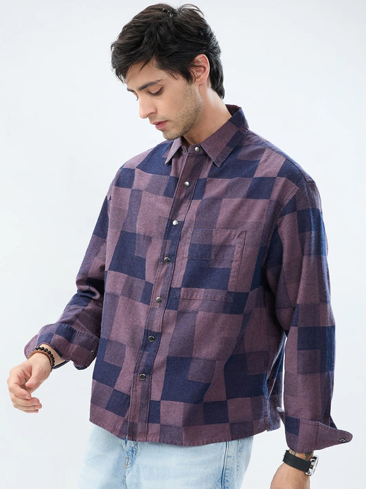 Premium Navy & Purple Acid Wash Denim Checks Boxy Fit Crop Shirt