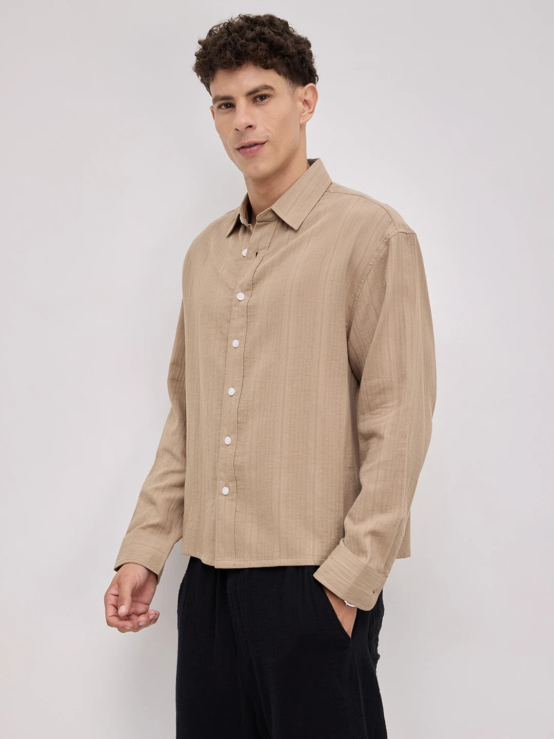 Warm Tan Double Cloth Seersucker Striped Boxy Fit Crop Shirt