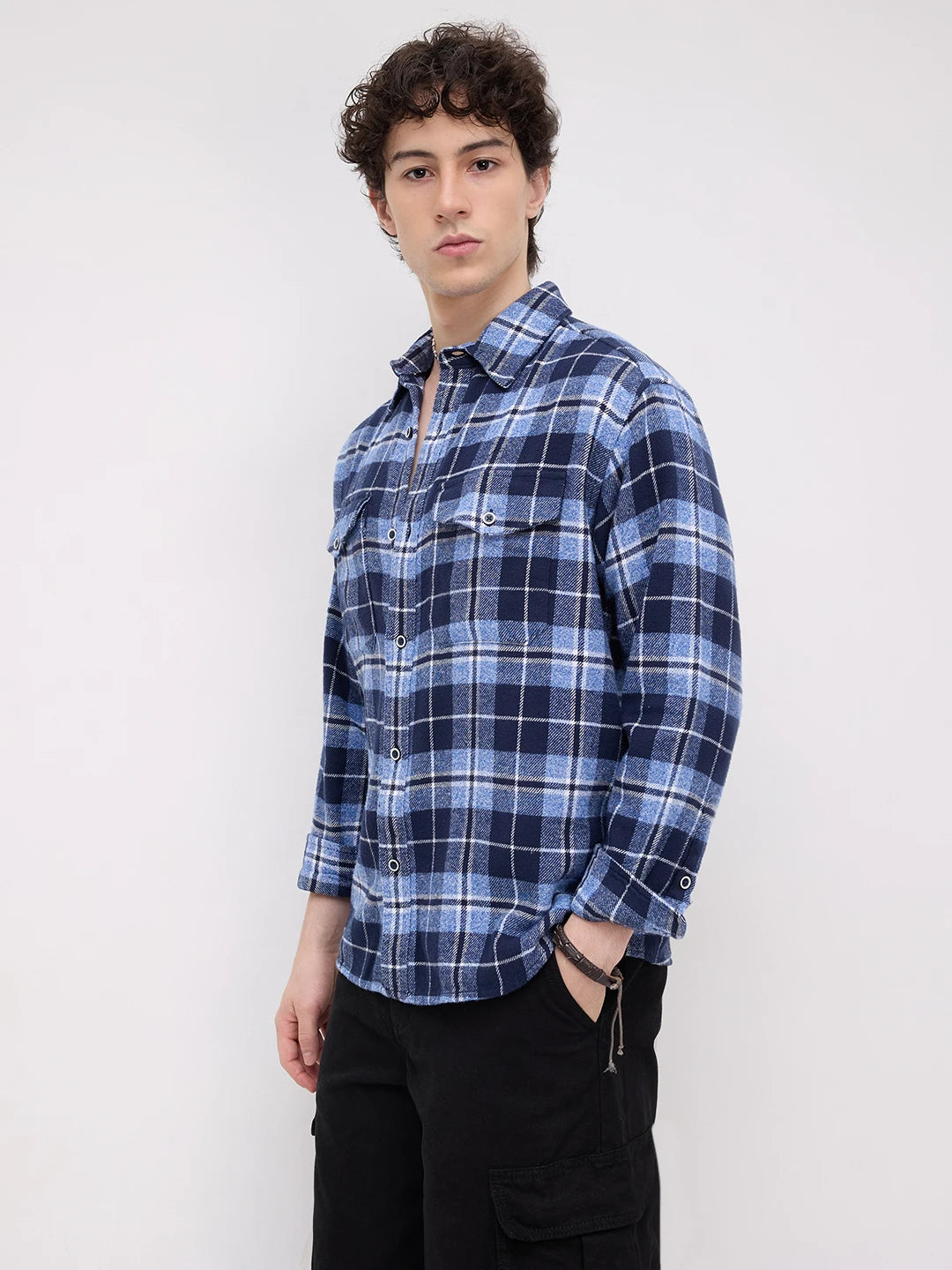 Blue Tartan Checkered Double Pocket Flannel Shirt