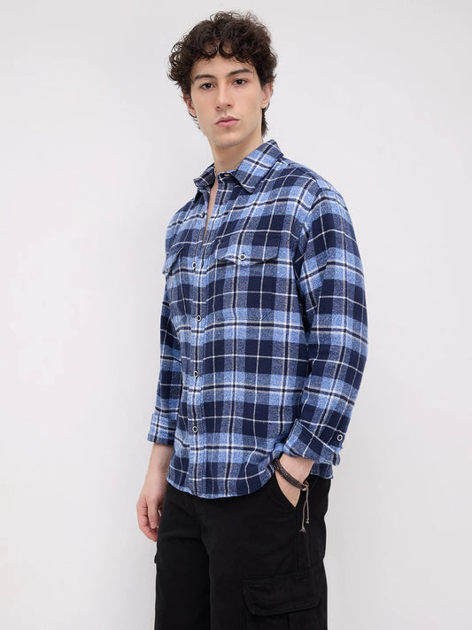Blue Tartan Checkered Double Pocket Flannel Shirt