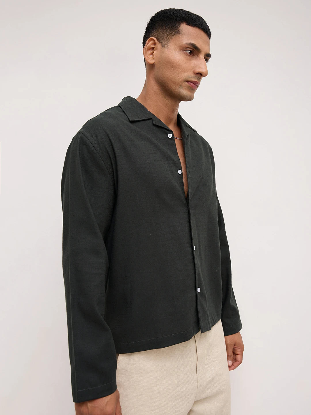 Forest Green Fine Sheer Slub Textured Oversized Notch Collar Shirt