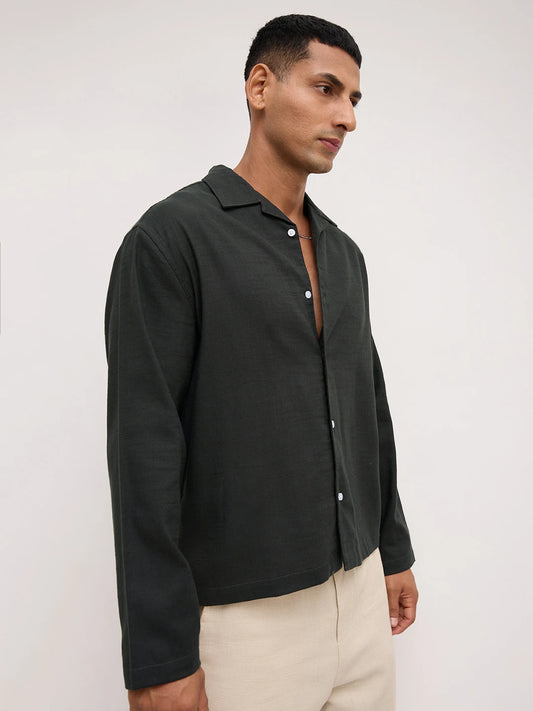 Forest Green Fine Sheer Slub Textured Oversized Notch Collar Shirt
