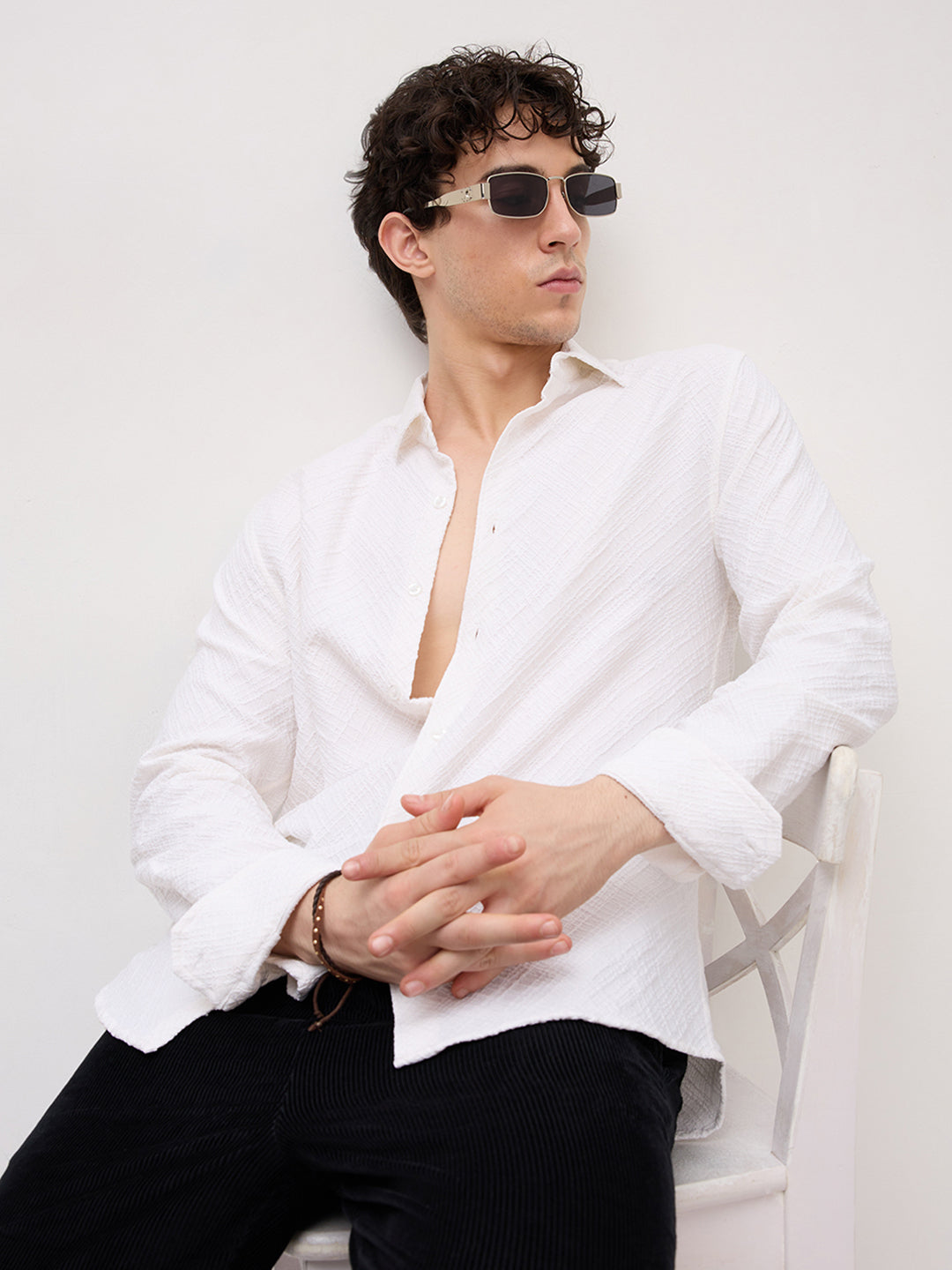 White Diamond Lattice Weave Textured Shirt