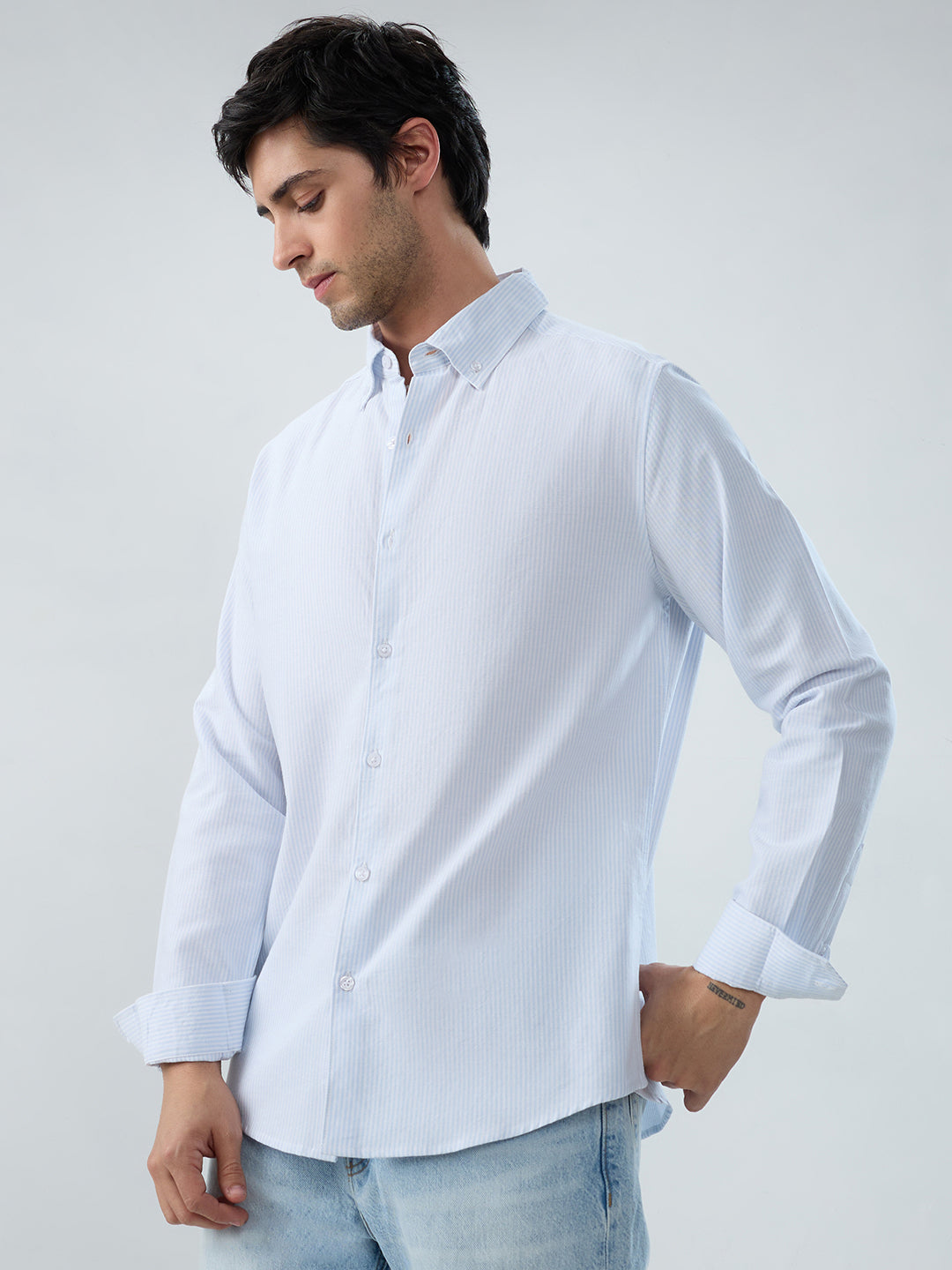 Ice Mist Blue Fine Striped Button-Down Collar Business Shirt