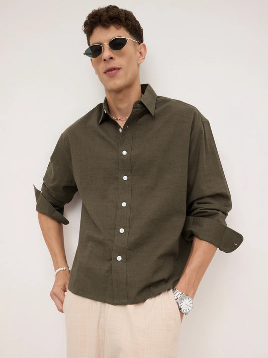 Refined Olive Micro Square Textured Boxy Fit Crop Shirt