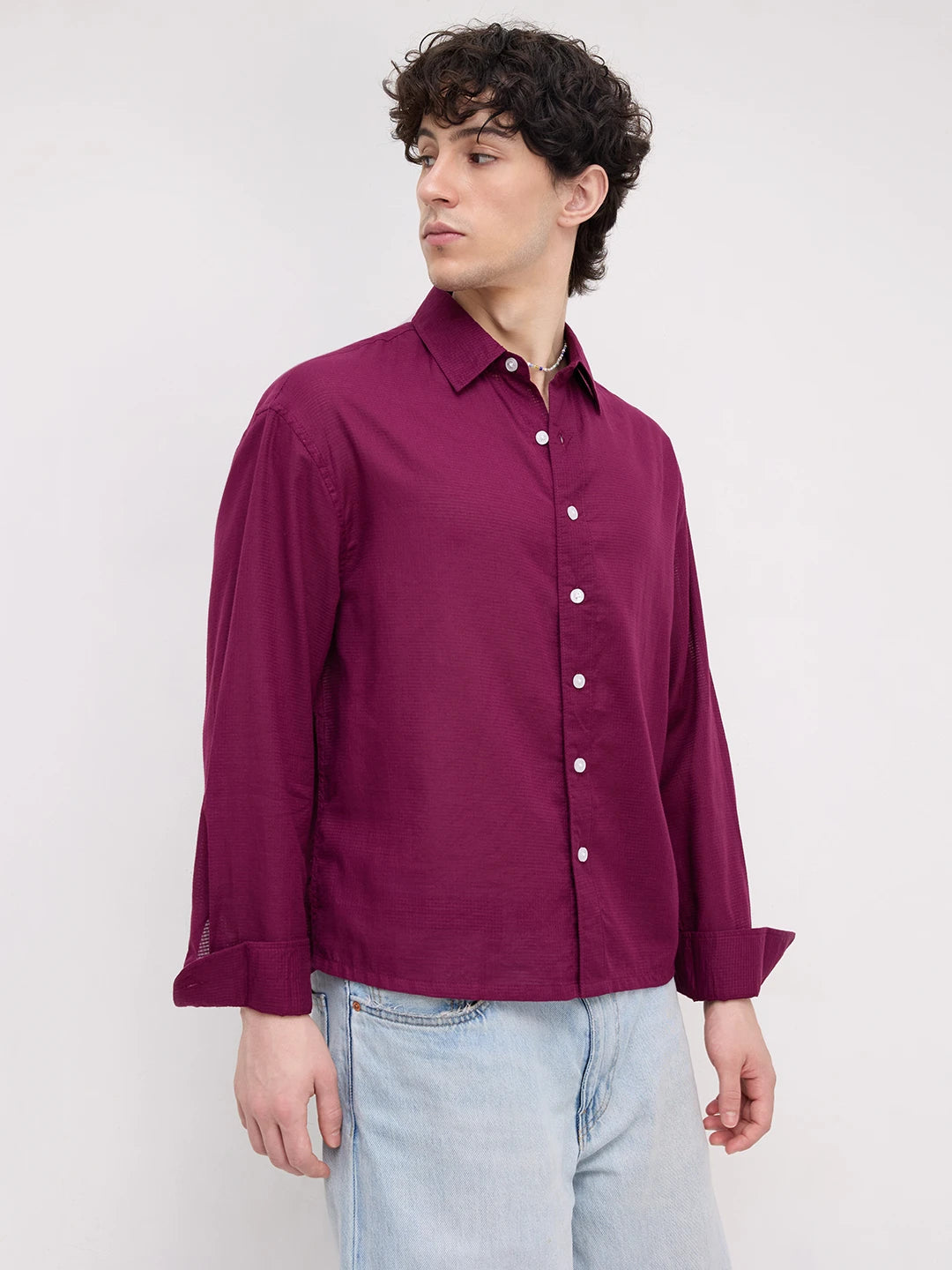 Luxe Maroon Micro Square Textured Boxy Fit Crop Shirt