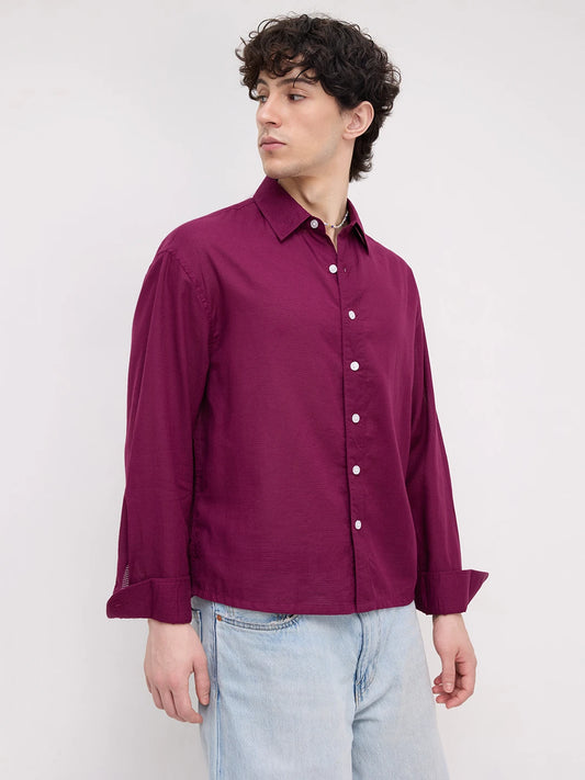 Luxe Maroon Micro Square Textured Boxy Fit Crop Shirt