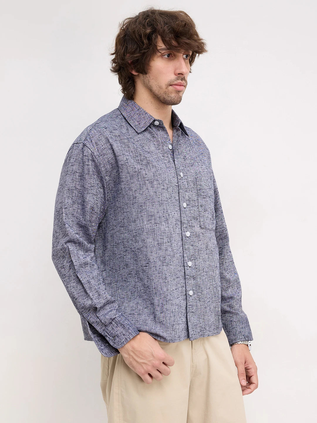 Navy Melange Textured Boxy Fit Crop Shirt