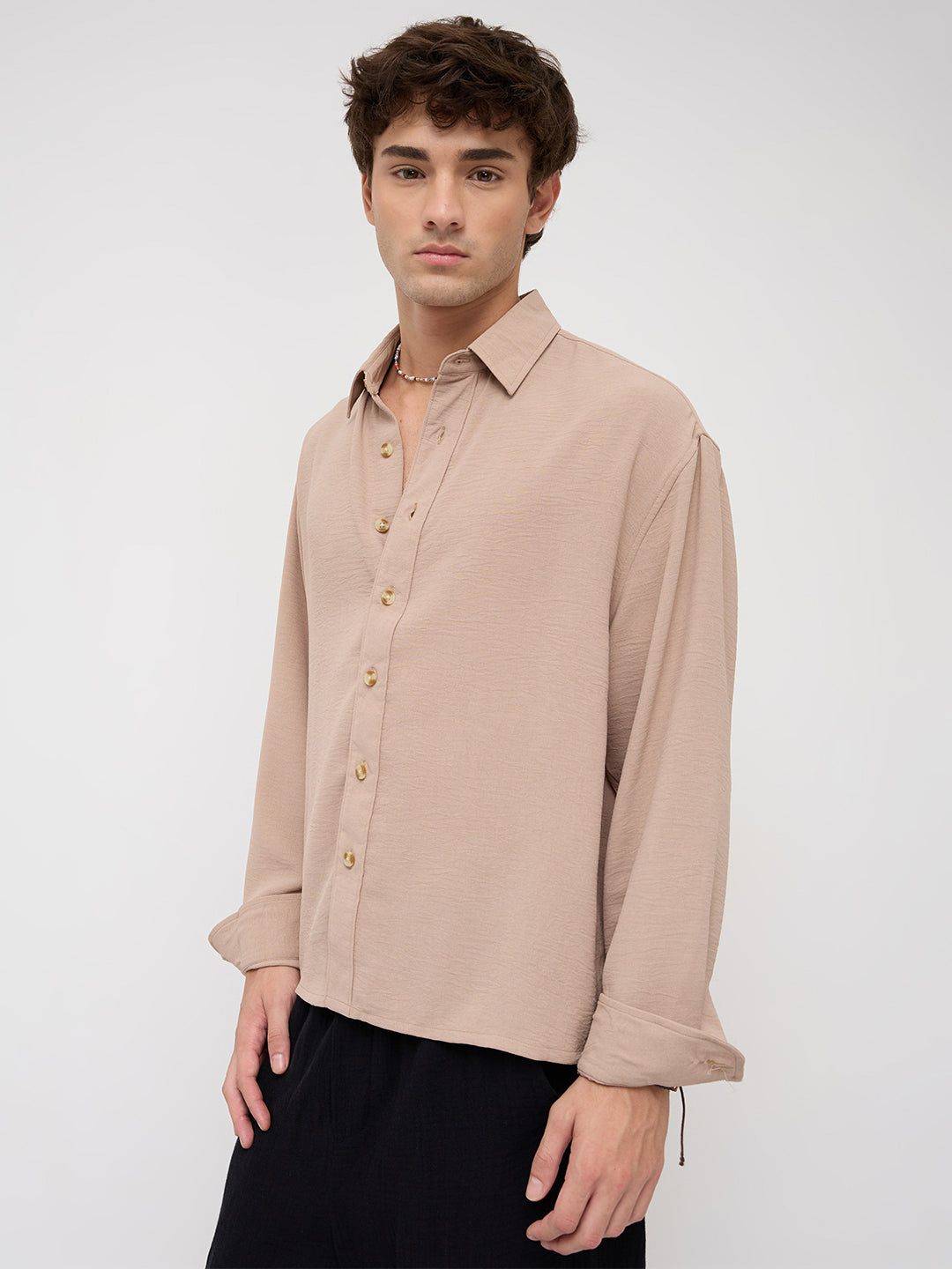 Soft Khaki Lightweight Crinkled Boxy Fit Crop Shirt