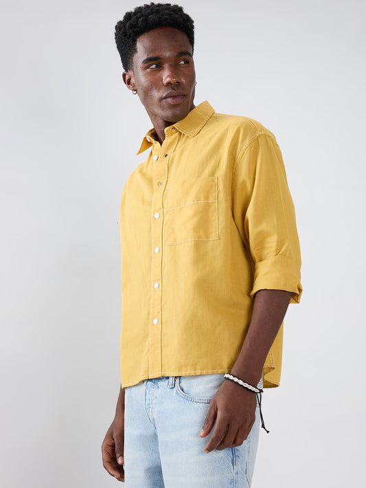 Luxe Mustard Contrast Stitch Linen Blend Boxy Fit Crop Shirt