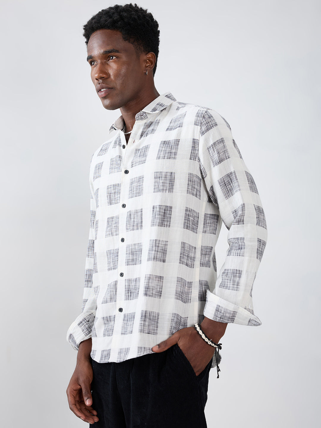 White & Black Geometric Printed Double Cloth Shirt