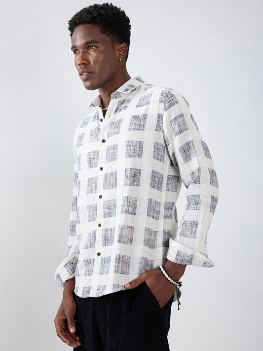 White & Black Geometric Printed Double Cloth Shirt
